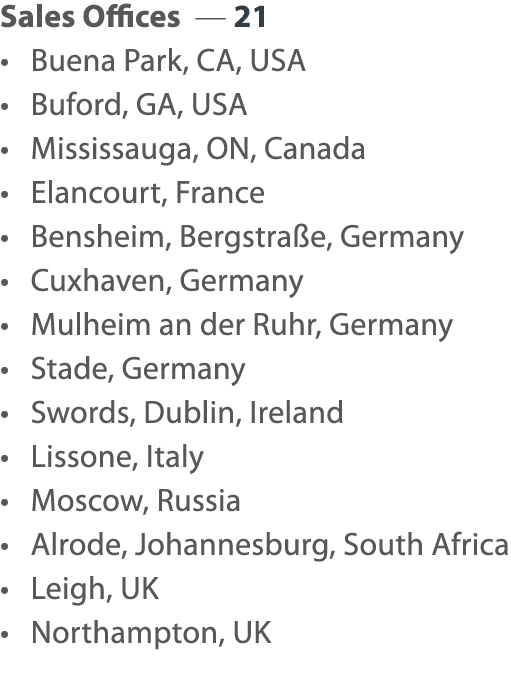 Sales Offices — 21    Buena Park, CA, USA    Buford, GA, USA    Mississauga, ON, Canada    Elancourt, France    Bensh   