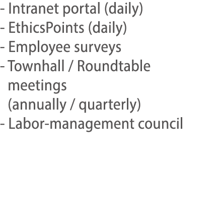 - Intranet portal (daily) - EthicsPoints (daily) - Employee surveys -   Townhall   Roundtable meetings   (annually      
