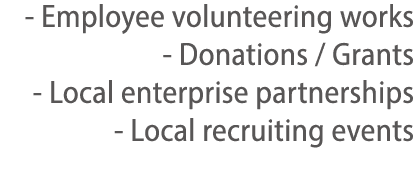 - Employee volunteering works - Donations   Grants - Local enterprise partnerships - Local recruiting events