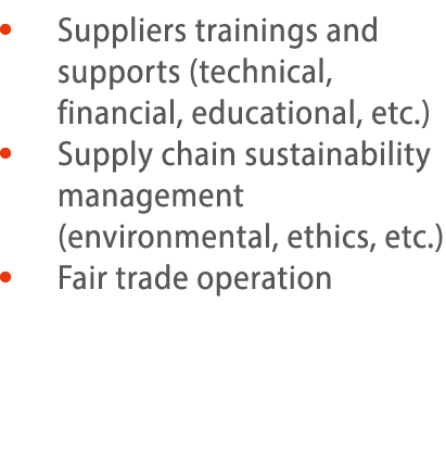     Suppliers trainings and supports (technical, financial, educational, etc )     Supply chain sustainability manag   