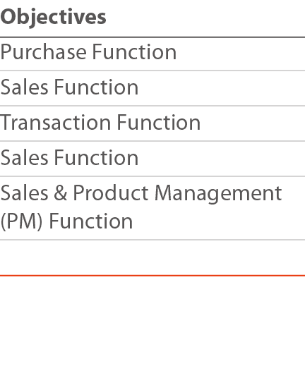 Objectives Purchase Function Sales Function Transaction Function Sales Function Sales & Product Management (PM) Funct   