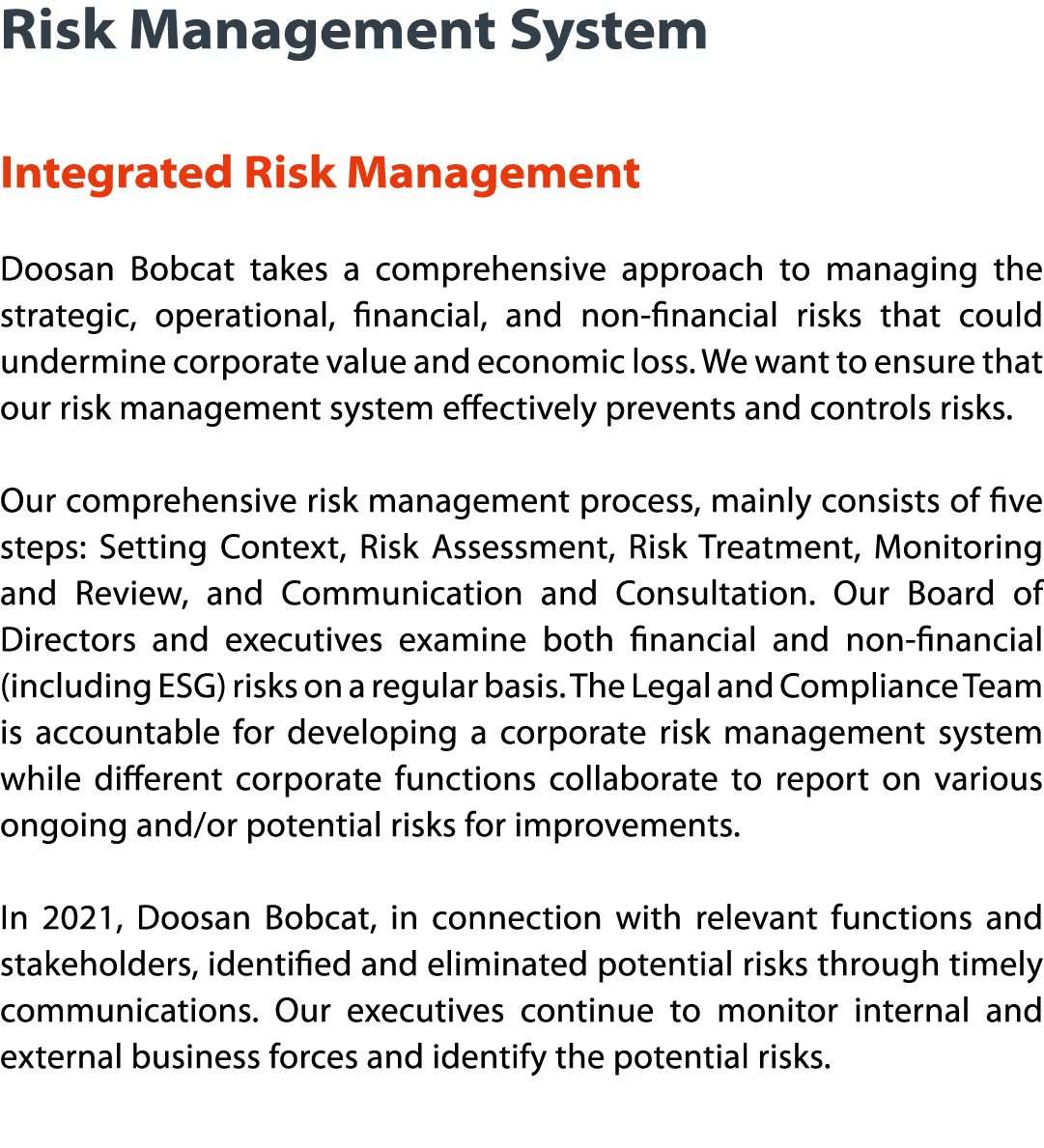 Risk Management System  Integrated Risk Management Doosan Bobcat takes a comprehensive approach to managing the strat   