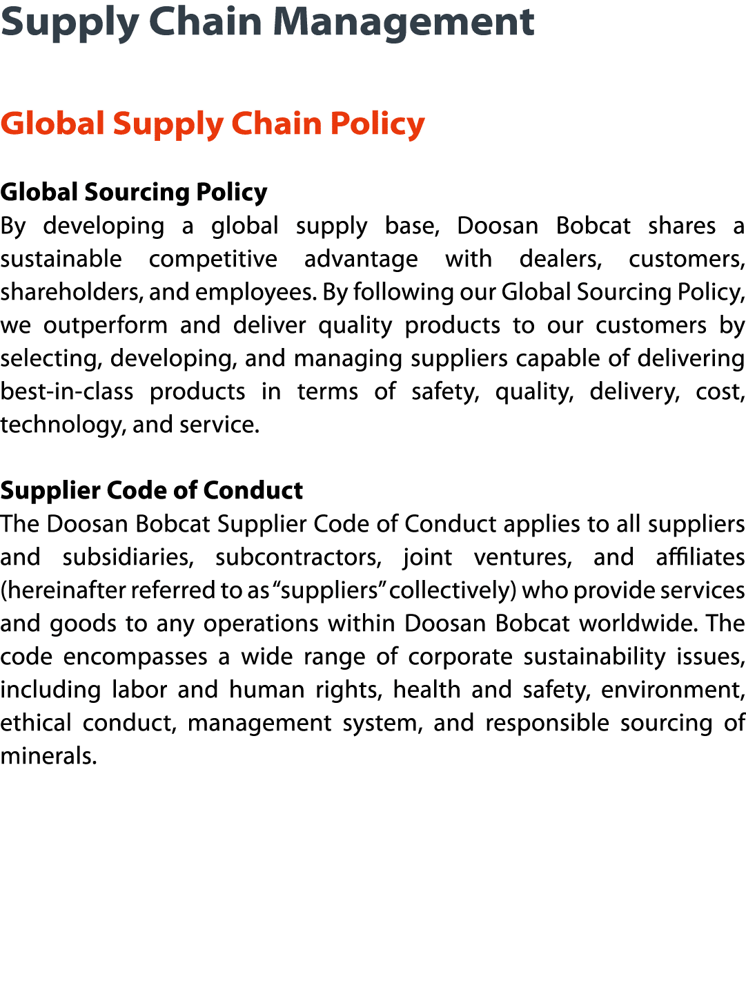 Supply Chain Management  Global Supply Chain Policy Global Sourcing Policy By developing a global supply base, Doosan   