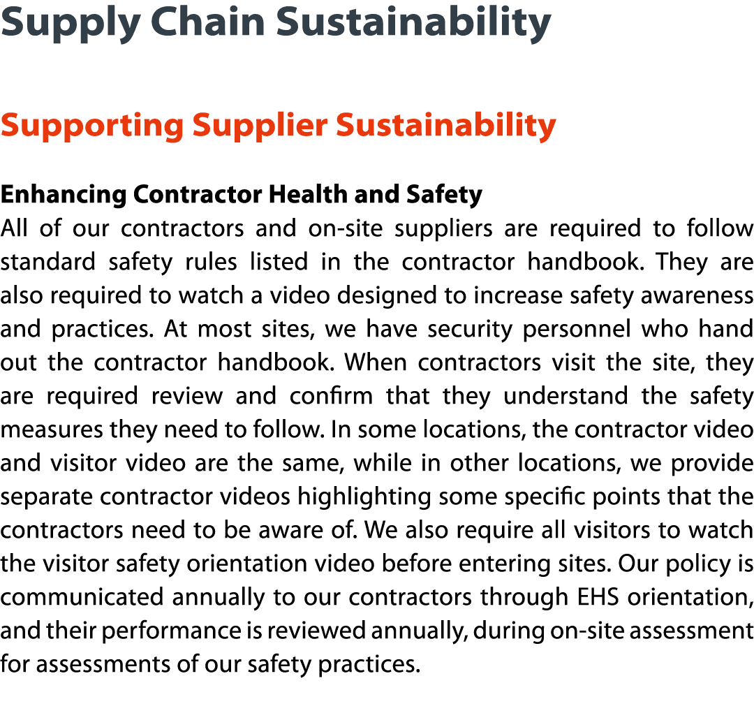 Supply Chain Sustainability  Supporting Supplier Sustainability Enhancing Contractor Health and Safety All of our con   