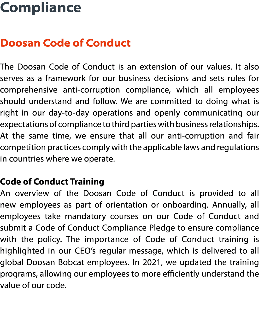 Compliance  Doosan Code of Conduct The Doosan Code of Conduct is an extension of our values  It also serves as a fram   