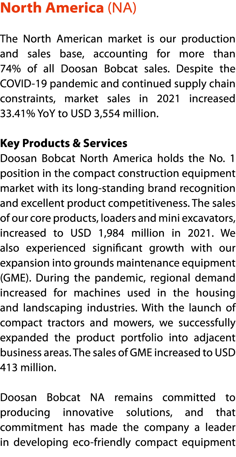 North America (NA) The North American market is our production and sales base, accounting for more than 74% of all Do   