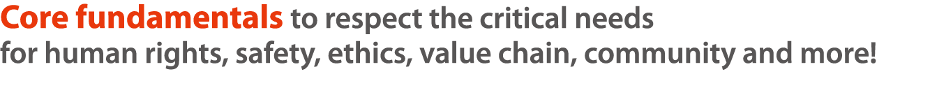Core fundamentals to respect the critical needs for human rights, safety, ethics, value chain, community and more  