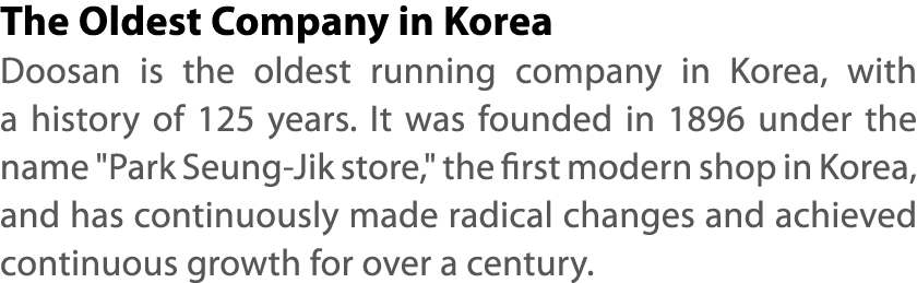 The Oldest Company in Korea Doosan is the oldest running company in Korea, with a history of 125 years  It was founde   