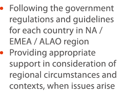    Following the government regulations and guidelines for each country in NA   EMEA   ALAO region    Providing appro   