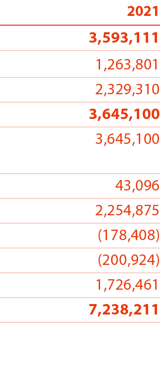 2021 3,593,111 1,263,801 2,329,310 3,645,100 3,645,100 43,096 2,254,875 (178,408) (200,924) 1,726,461 7,238,211