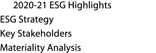    2020-21 ESG Highlights ESG Strategy Key Stakeholders Materiality Analysis 
