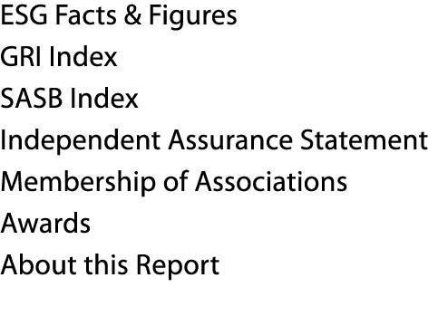 ESG Facts & Figures GRI Index SASB Index Independent Assurance Statement Membership of Associations Awards About this   