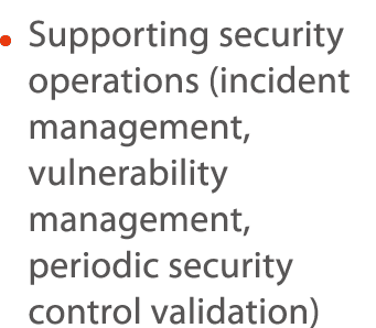    Supporting security operations (incident management, vulnerability management, periodic security control validation)