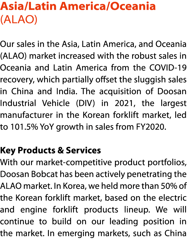 Asia Latin America Oceania (ALAO)  Our sales in the Asia, Latin America, and Oceania (ALAO) market increased with the   
