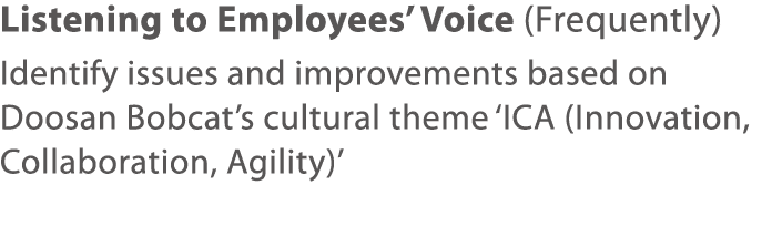 Listening to Employees  Voice (Frequently) Identify issues and improvements based on Doosan Bobcat s cultural theme     