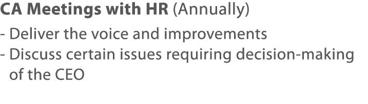 CA Meetings with HR (Annually) - Deliver the voice and improvements -  Discuss certain issues requiring decision-maki   