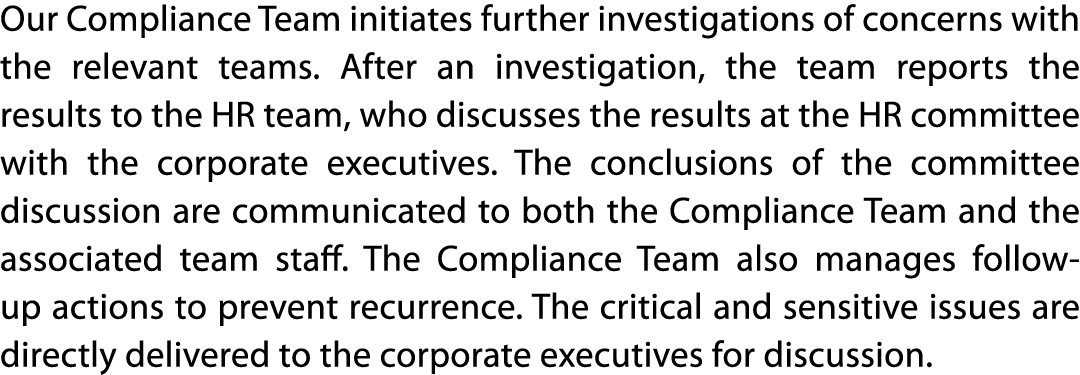 Our Compliance Team initiates further investigations of concerns with the relevant teams  After an investigation, the   