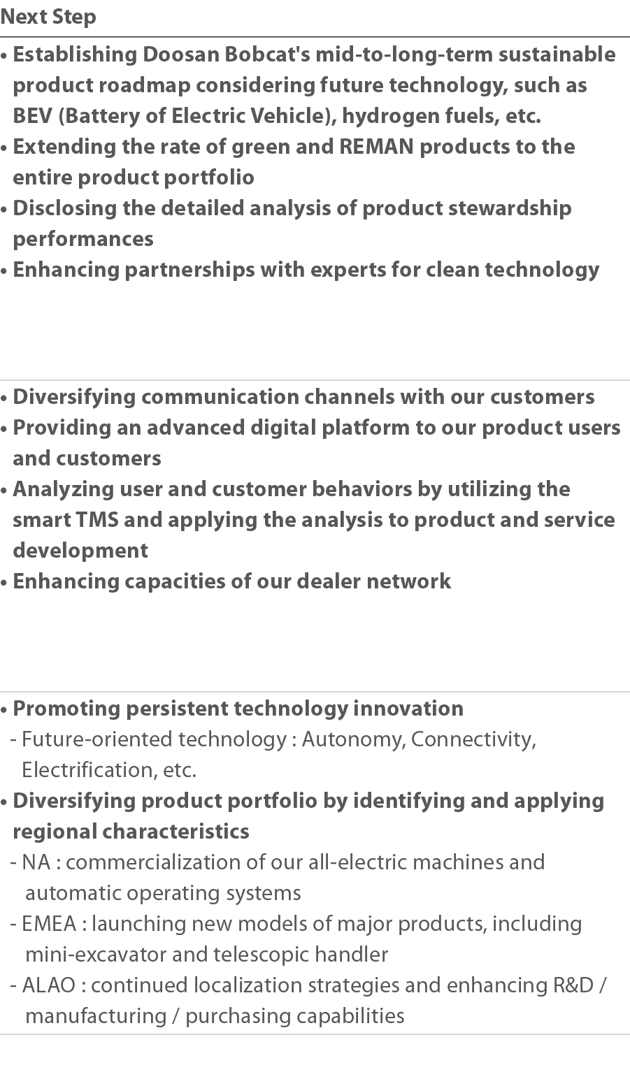 Next Step    Establishing Doosan Bobcat's mid-to-long-term sustainable product roadmap considering future technology,   