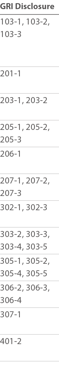 GRI Disclosure 103-1, 103-2, 103-3  201-1 203-1, 203-2 205-1, 205-2, 205-3 206-1 207-1, 207-2, 207-3 302-1, 302-3 303   