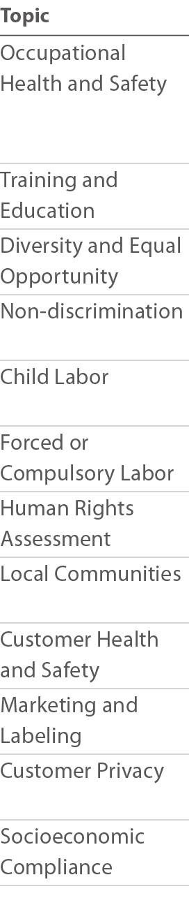 Topic Occupational Health and Safety  Training and Education Diversity and Equal Opportunity Non-discrimination Child   