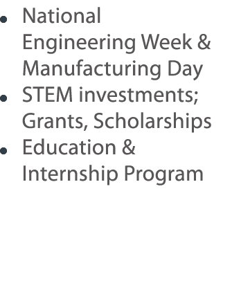    National Engineering Week & Manufacturing Day    STEM investments; Grants, Scholarships    Education & Internship    
