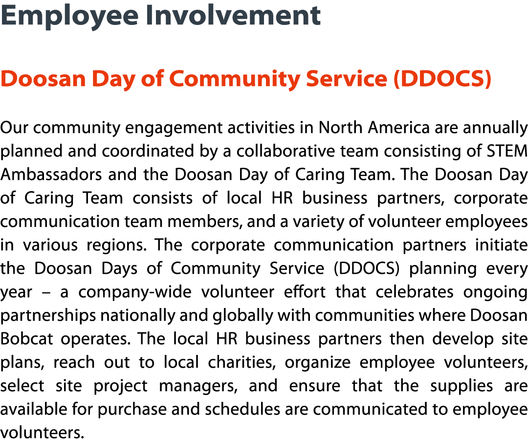 Employee Involvement  Doosan Day of Community Service (DDOCS) Our community engagement activities in North America ar   