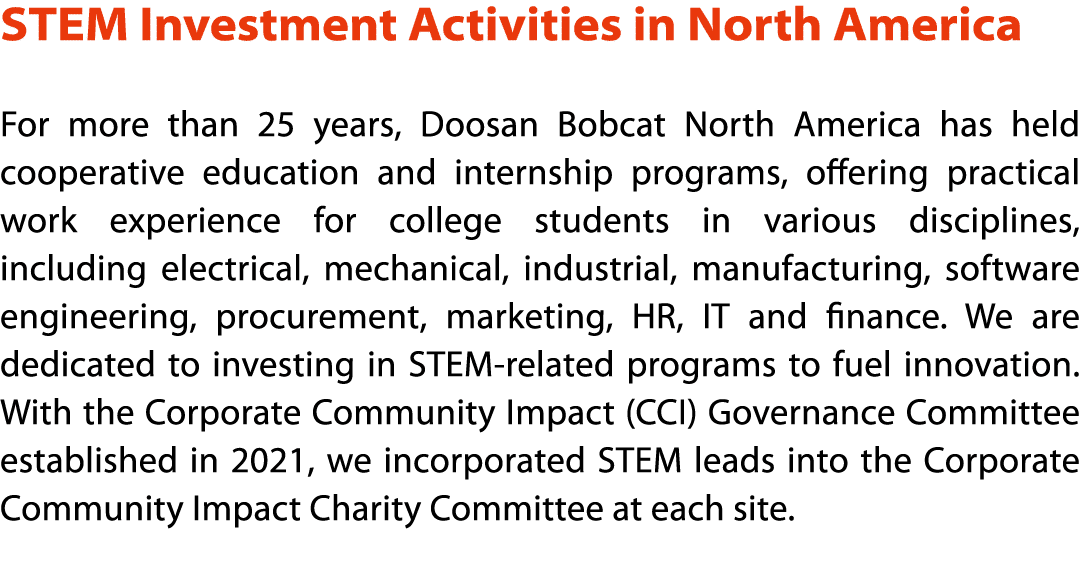 STEM Investment Activities in North America For more than 25 years, Doosan Bobcat North America has held cooperative    