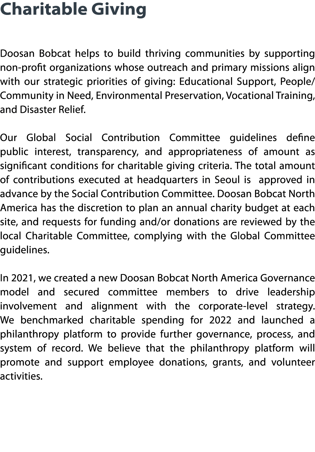 Charitable Giving  Doosan Bobcat helps to build thriving communities by supporting non-profit organizations whose out   