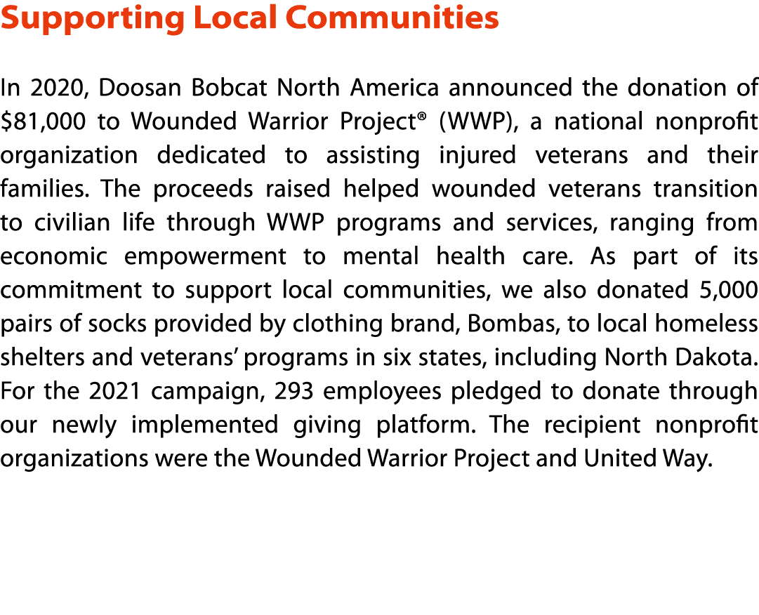 Supporting Local Communities In 2020, Doosan Bobcat North America announced the donation of  81,000 to Wounded Warrio   