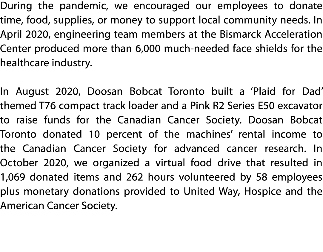 During the pandemic, we encouraged our employees to donate time, food, supplies, or money to support local community    