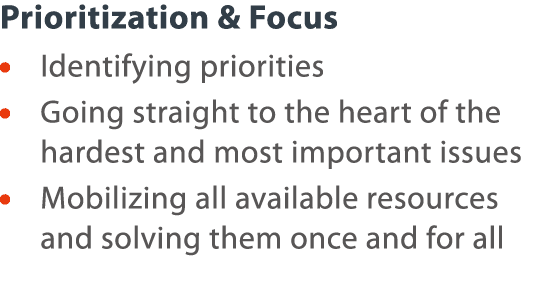 Prioritization & Focus   Identifying priorities    Going straight to the heart of the hardest and most important issu   