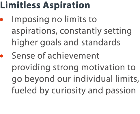 Limitless Aspiration    Imposing no limits to aspirations, constantly setting higher goals and standards     Sense of   