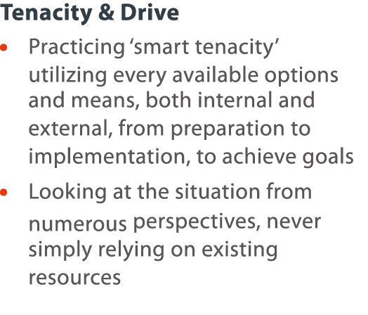 Tenacity & Drive    Practicing  smart tenacity  utilizing every available options and means, both internal and extern   