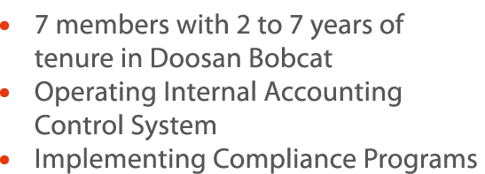     7 members with 2 to 7 years of tenure in Doosan Bobcat    Operating Internal Accounting Control System    Impleme   