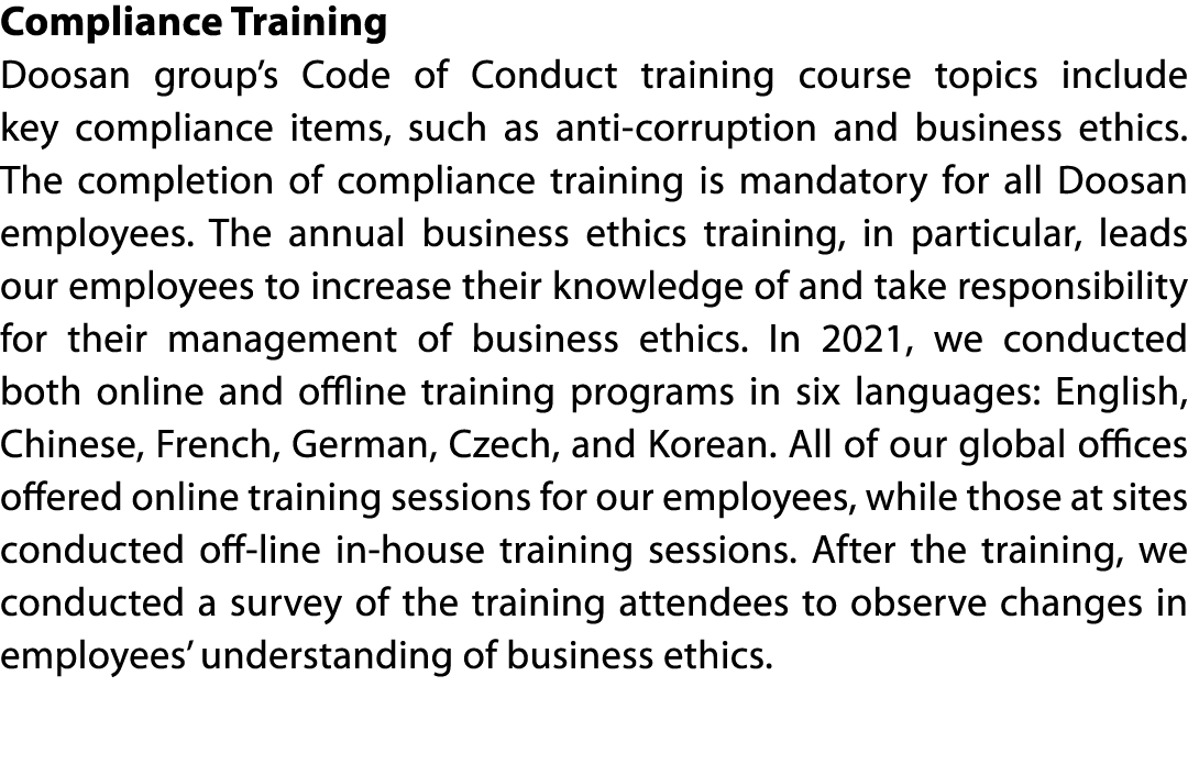 Compliance Training Doosan group s Code of Conduct training course topics include key compliance items, such as anti-   