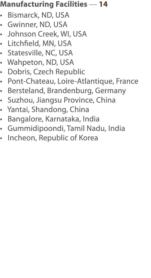 Manufacturing Facilities — 14    Bismarck, ND, USA    Gwinner, ND, USA    Johnson Creek, WI, USA    Litchfield, MN, U   