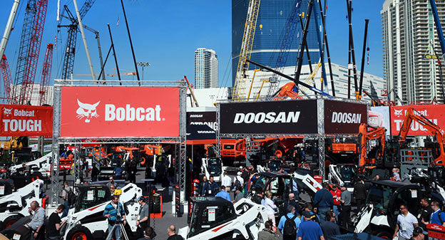 Panoramic view of the Doosan Infracore and Doosan Bobcat booth at ConExpo 2017, held from March 7 to 11 at the Las Vegas Convention Center, USA.
