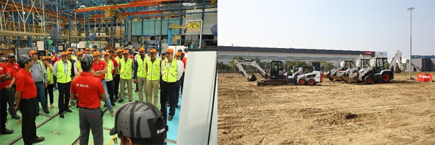 LEFT: Mr. Praveen Kumar, head of manufacturing, is explaining about the process of shop assembly line. RIGHT: Bobcat Product Demonstration with SSL, MEX, Proto BHLs by Sinto & SAMM demo team and Commentary by Arun & Pushparaj.