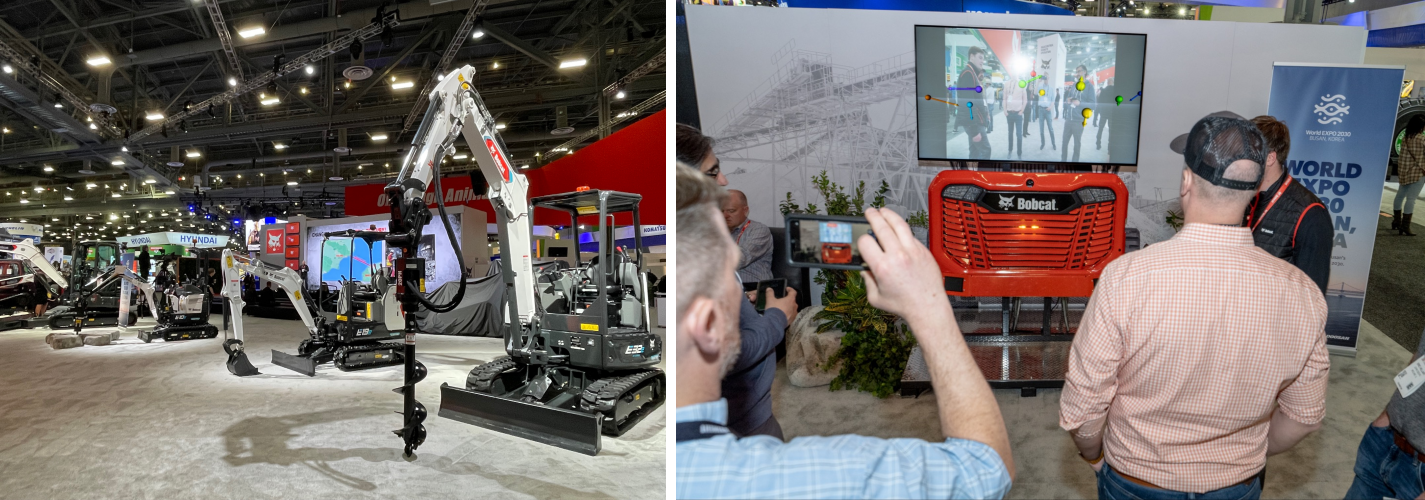 (Left) Doosan Bobcat’s 1 to 3-ton class electric excavator models; (Right) Visitors experiencing Doosan Bobcat's collision warning system.