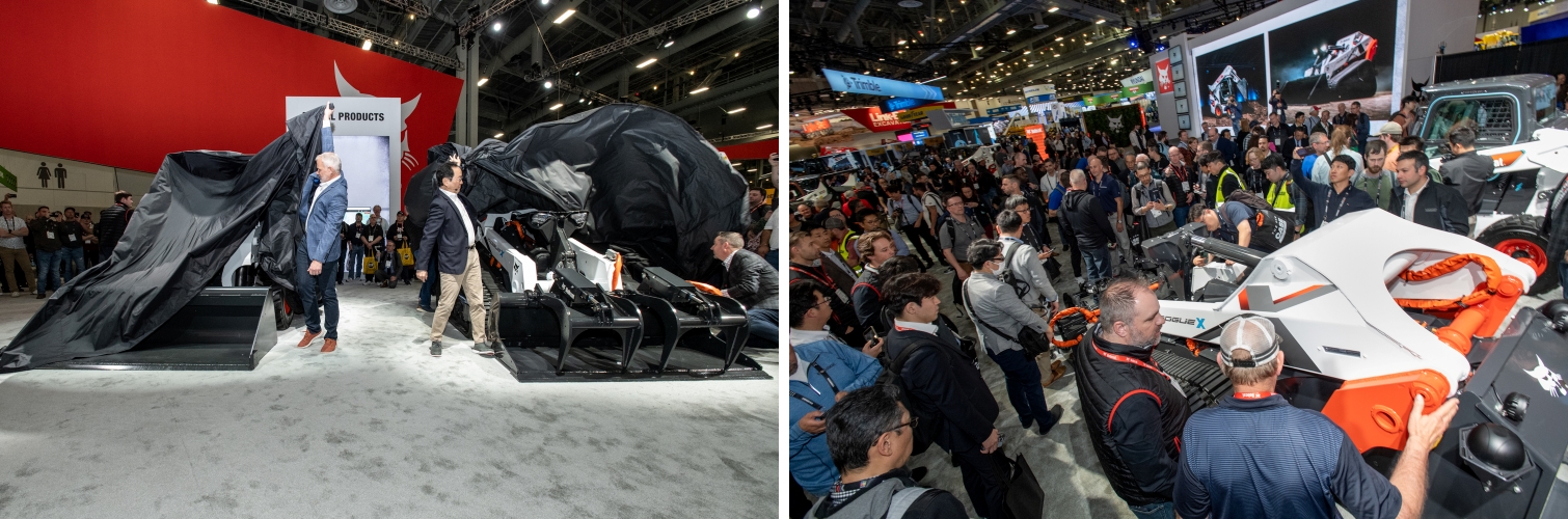 (Left) Doosan Bobcat unveiling its two concept loaders at CONEXPO 2023. (Right) People crowded the Doosan Bobcat booth to see the new products.