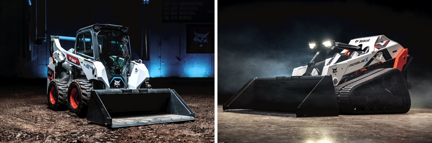 두산밥캣이 콘엑스포 2023에서 공개한 프로토 타입의 완전 전동식 스키드 로더 ‘S7X’(왼쪽)와 전동·무인 콘셉트 로더 ‘로그X’